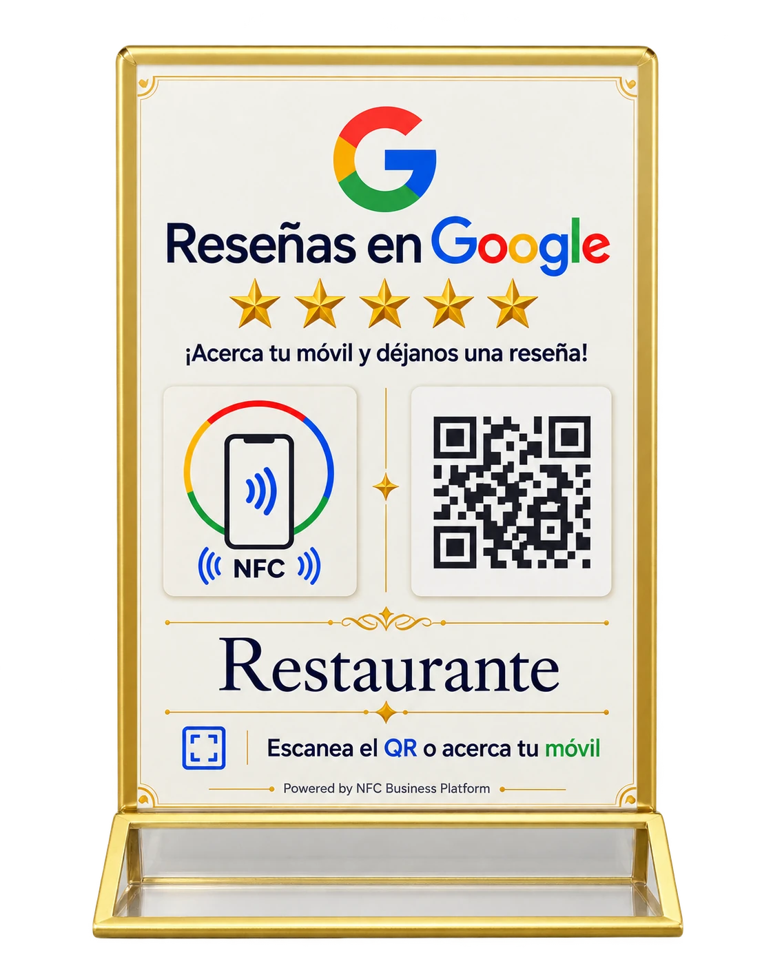 Placa física NFC y QR de demostración para reseñas de Google: modelo blanco, vista frontal, personalizada con Restaurante.